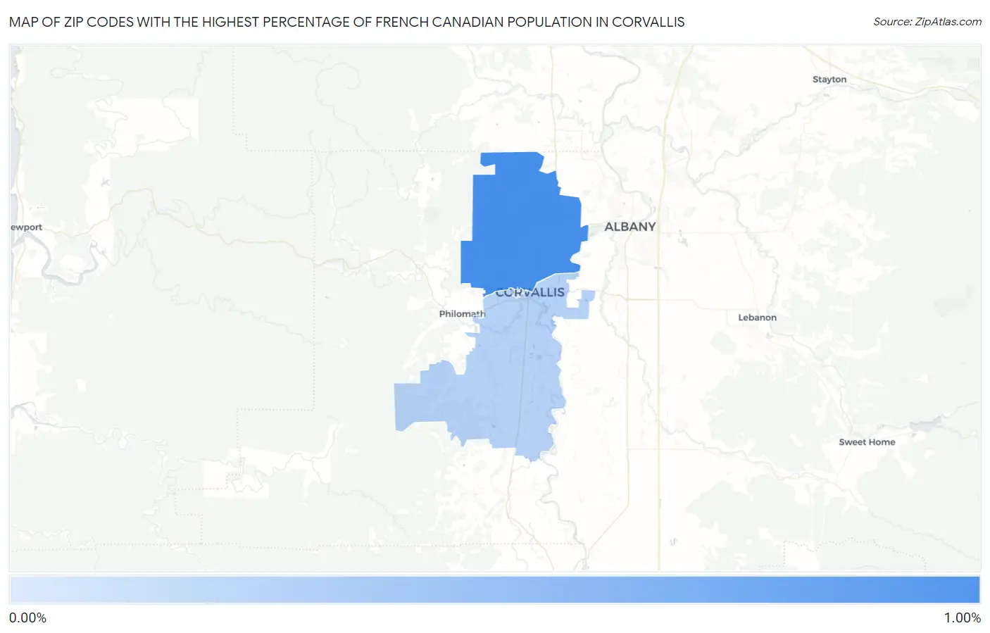 Zip Codes with the Highest Percentage of French Canadian Population in Corvallis Map