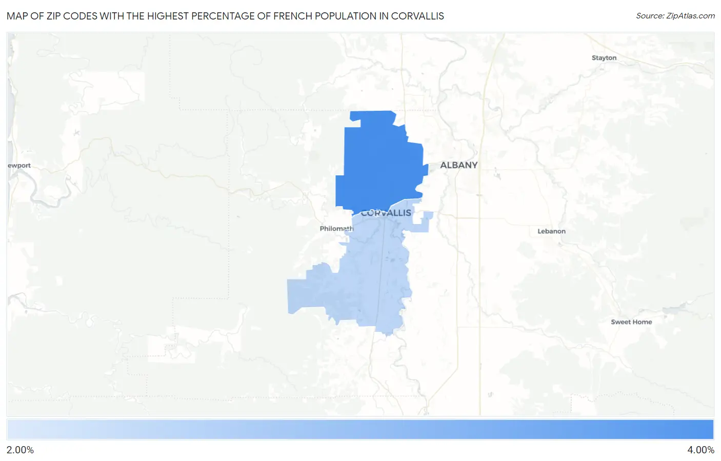 Zip Codes with the Highest Percentage of French Population in Corvallis Map