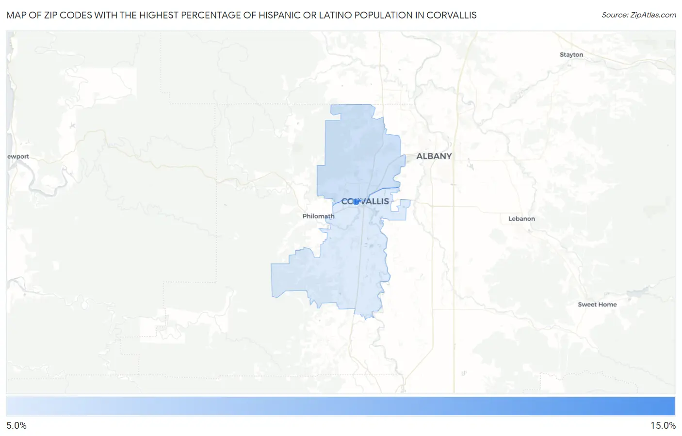 Zip Codes with the Highest Percentage of Hispanic or Latino Population in Corvallis Map