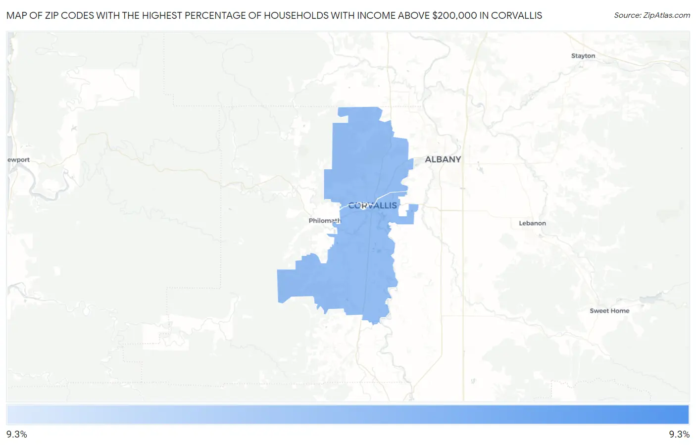 Zip Codes with the Highest Percentage of Households with Income Above $200,000 in Corvallis Map