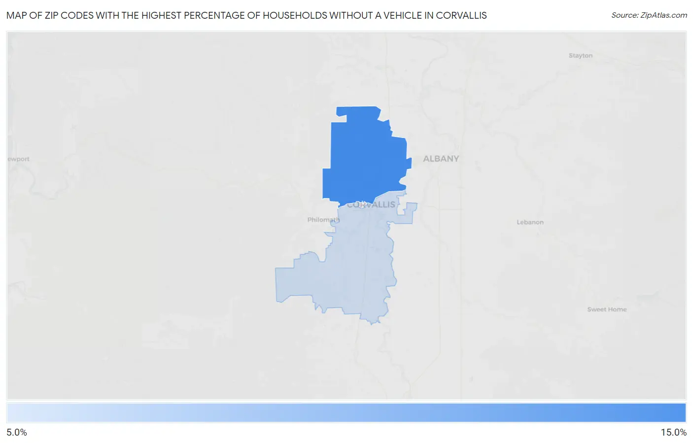 Zip Codes with the Highest Percentage of Households Without a Vehicle in Corvallis Map