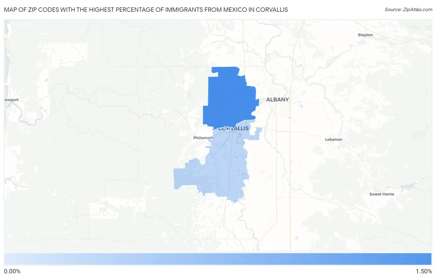 Zip Codes with the Highest Percentage of Immigrants from Mexico in Corvallis Map