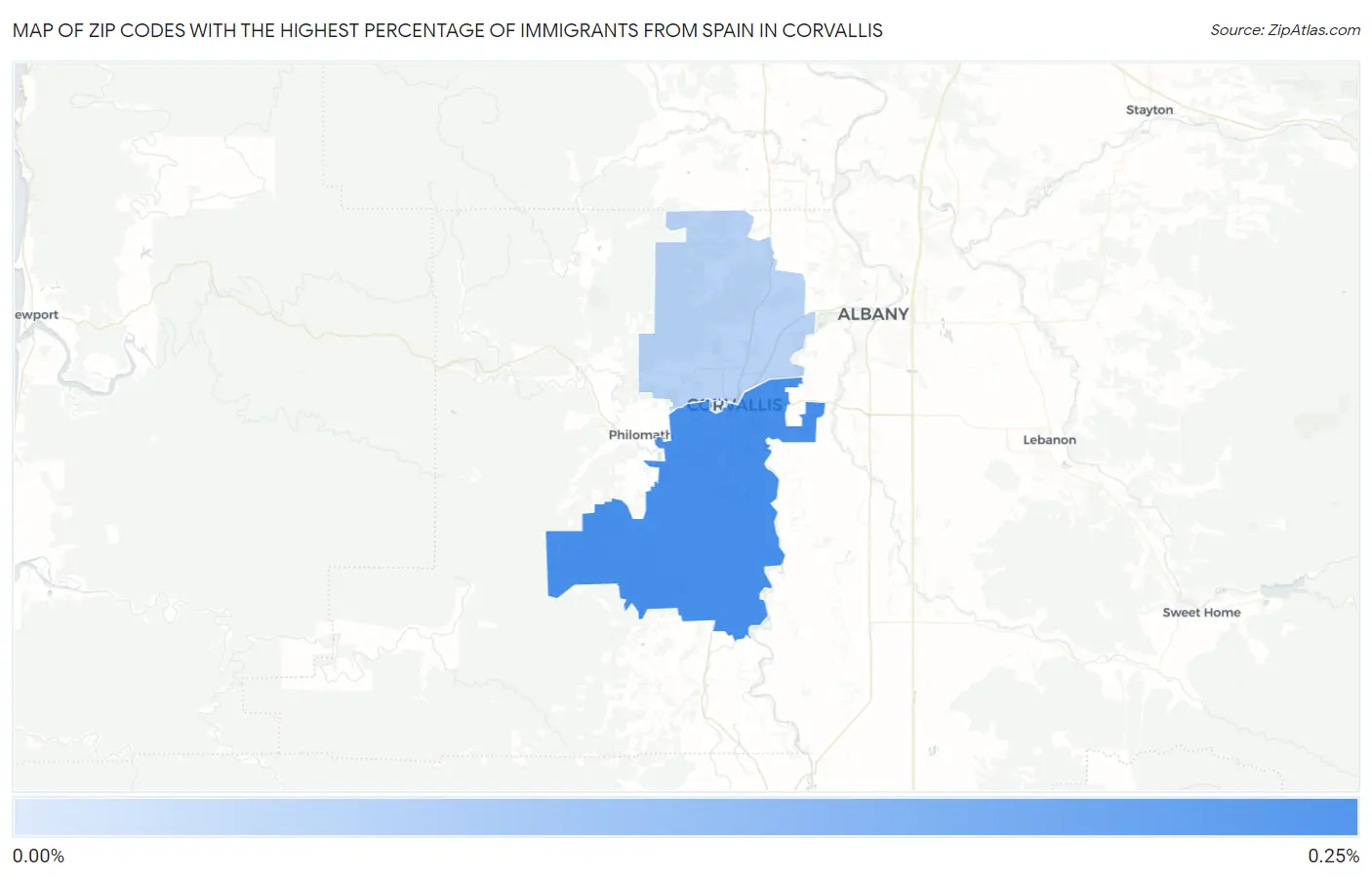 Zip Codes with the Highest Percentage of Immigrants from Spain in Corvallis Map