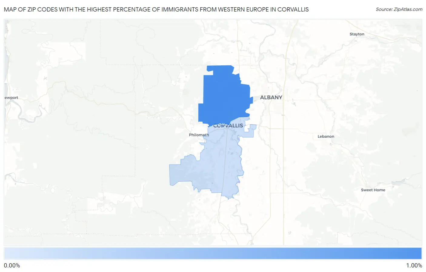 Zip Codes with the Highest Percentage of Immigrants from Western Europe in Corvallis Map