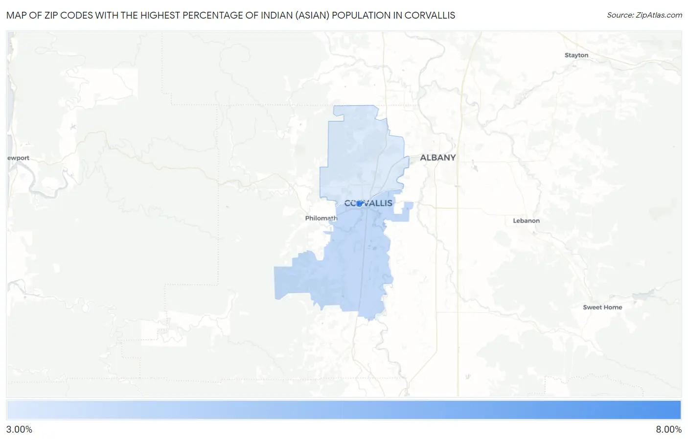 Zip Codes with the Highest Percentage of Indian (Asian) Population in Corvallis Map