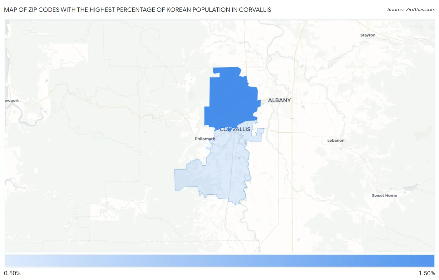 Zip Codes with the Highest Percentage of Korean Population in Corvallis Map