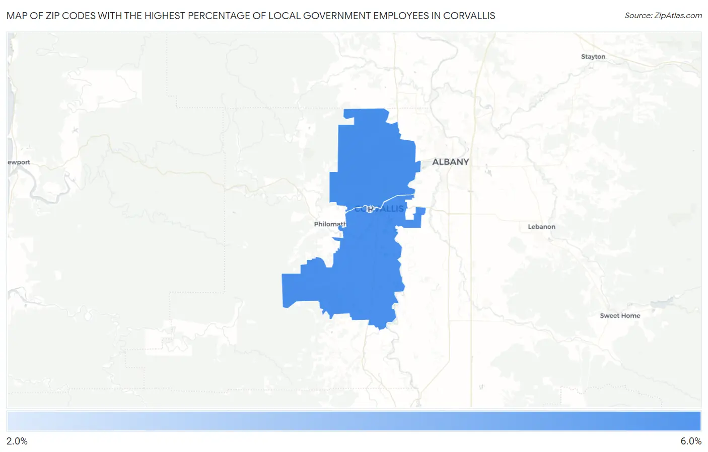 Zip Codes with the Highest Percentage of Local Government Employees in Corvallis Map