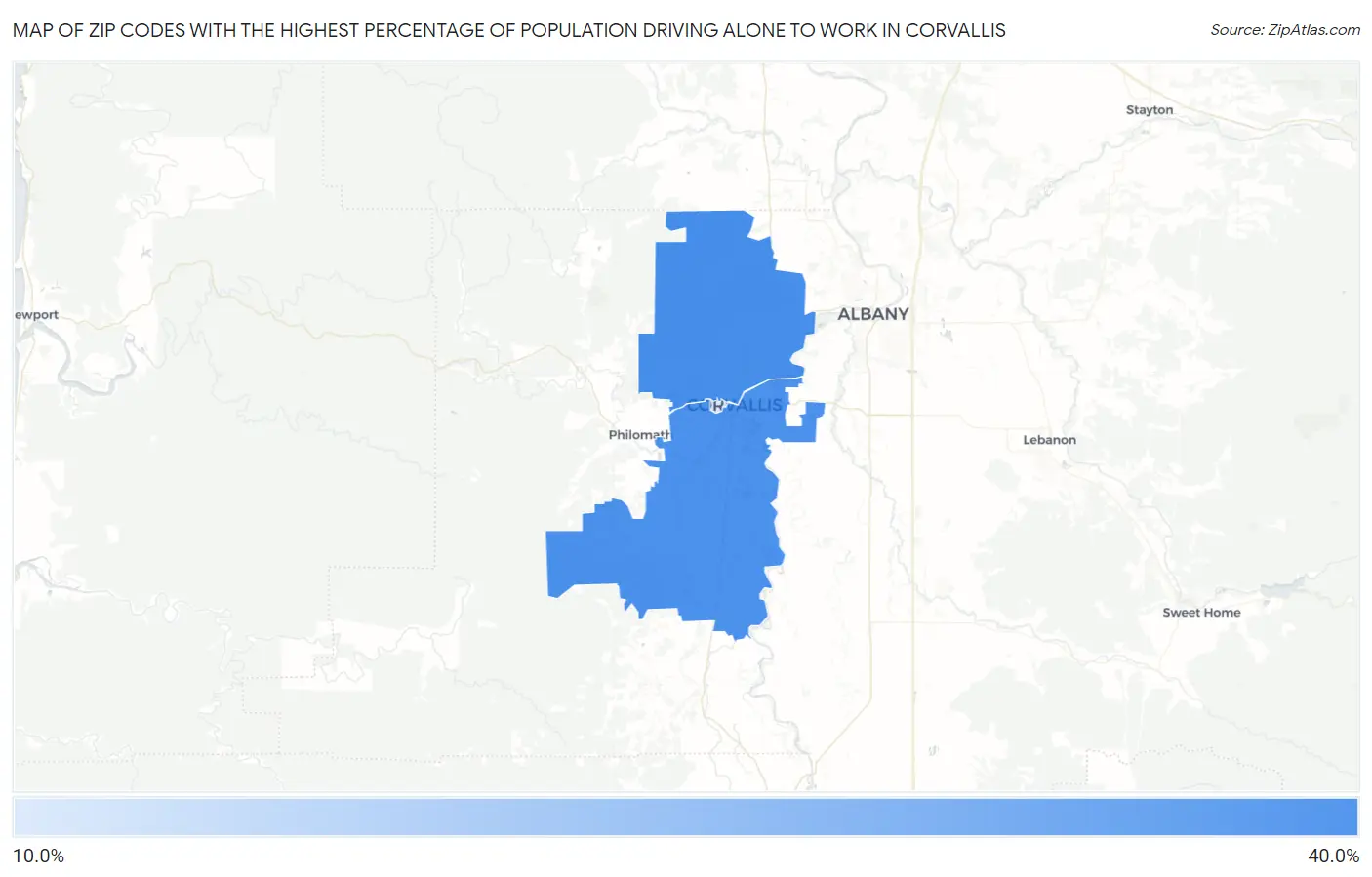 Zip Codes with the Highest Percentage of Population Driving Alone to Work in Corvallis Map