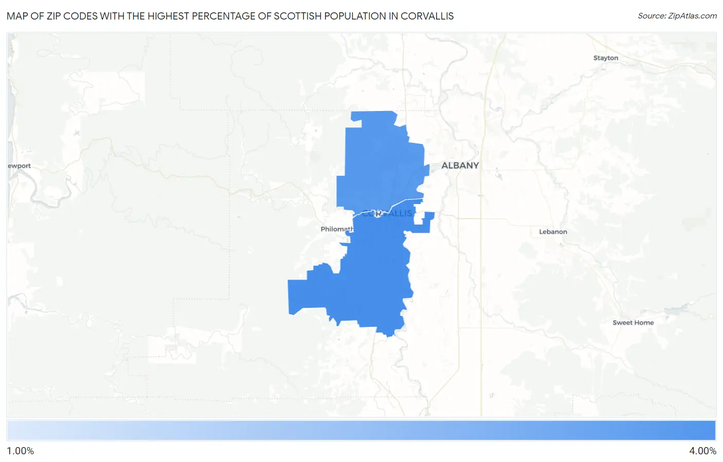 Zip Codes with the Highest Percentage of Scottish Population in Corvallis Map