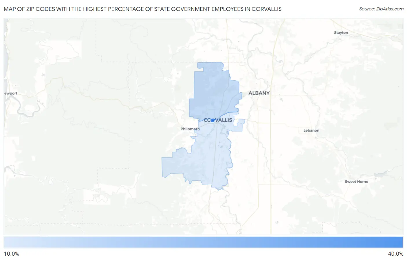 Zip Codes with the Highest Percentage of State Government Employees in Corvallis Map