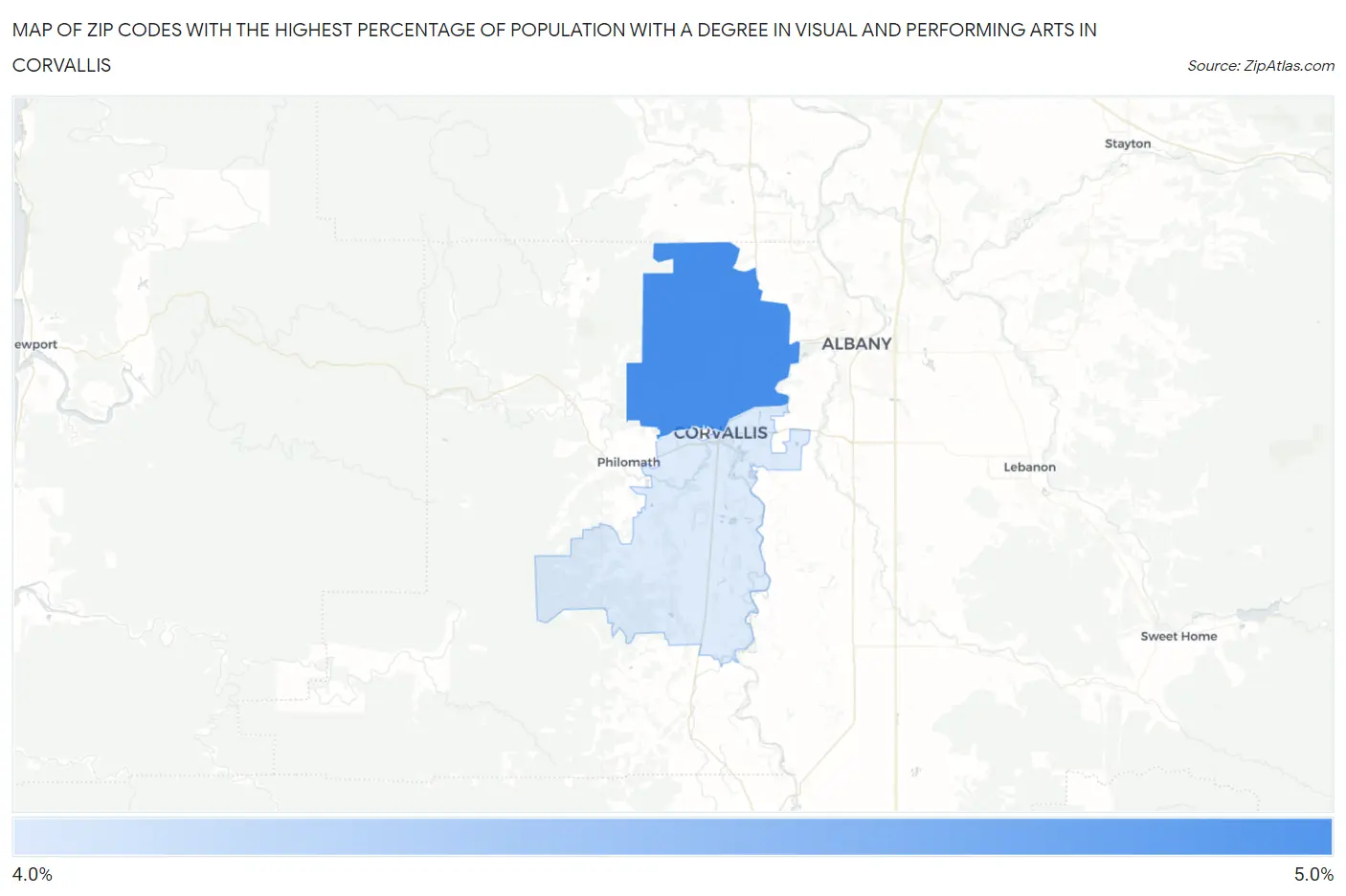 Zip Codes with the Highest Percentage of Population with a Degree in Visual and Performing Arts in Corvallis Map