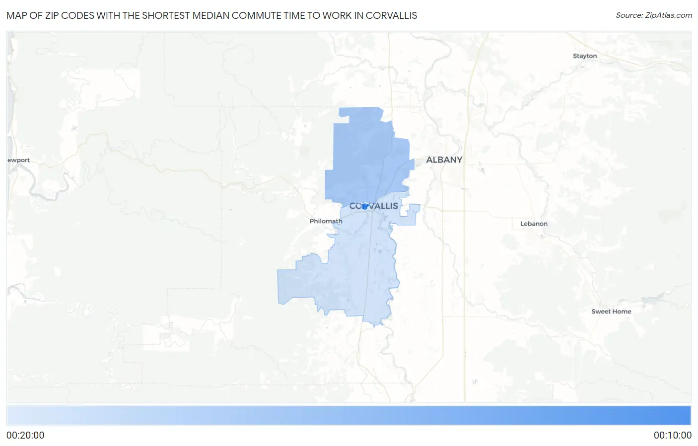 Zip Codes with the Shortest Median Commute Time to Work in Corvallis Map