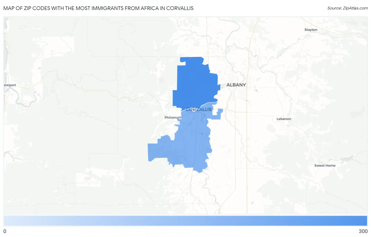 Zip Codes with the Most Immigrants from Africa in Corvallis Map