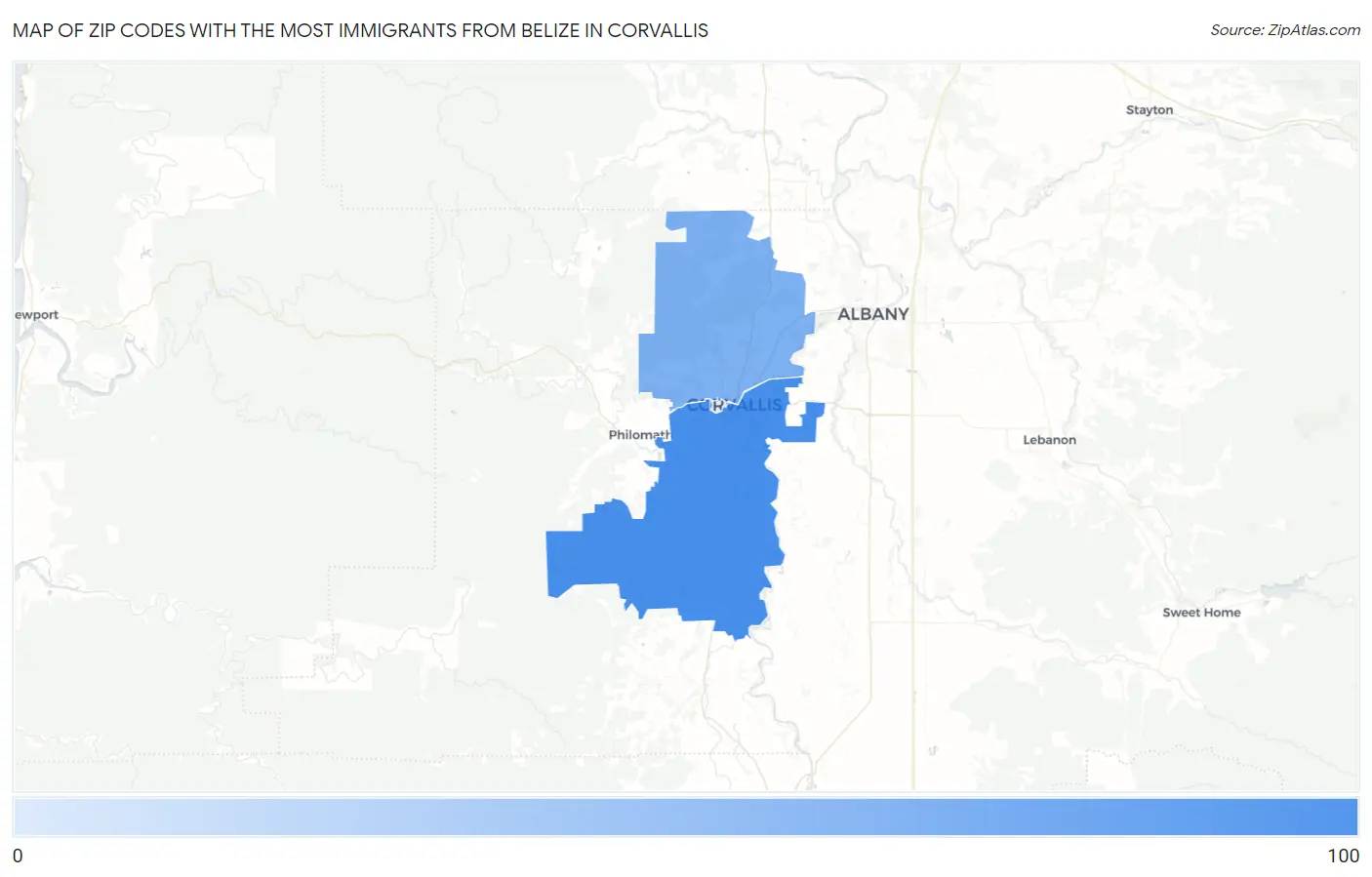 Zip Codes with the Most Immigrants from Belize in Corvallis Map