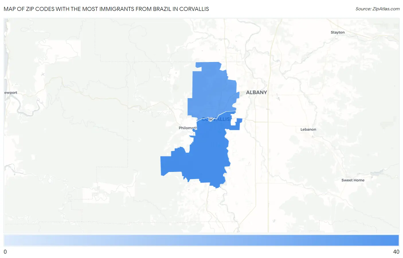 Zip Codes with the Most Immigrants from Brazil in Corvallis Map