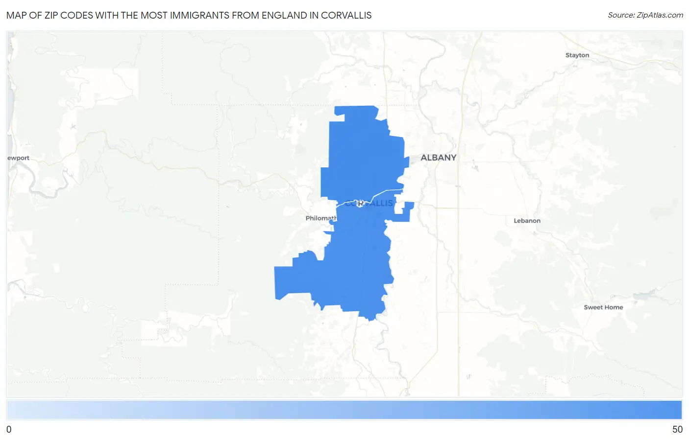 Zip Codes with the Most Immigrants from England in Corvallis Map
