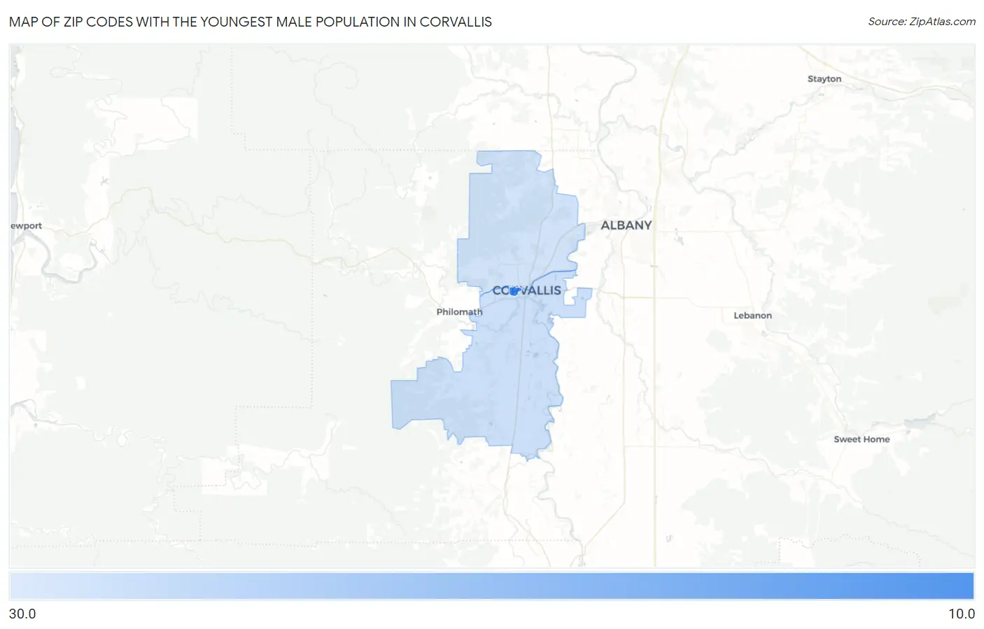 Zip Codes with the Youngest Male Population in Corvallis Map