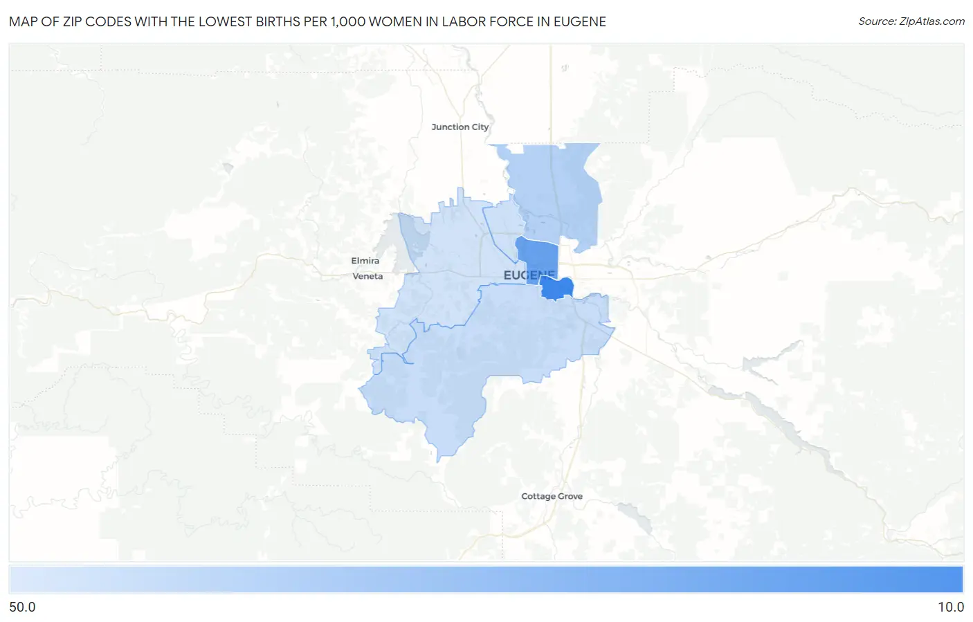 Zip Codes with the Lowest Births per 1,000 Women in Labor Force in Eugene Map
