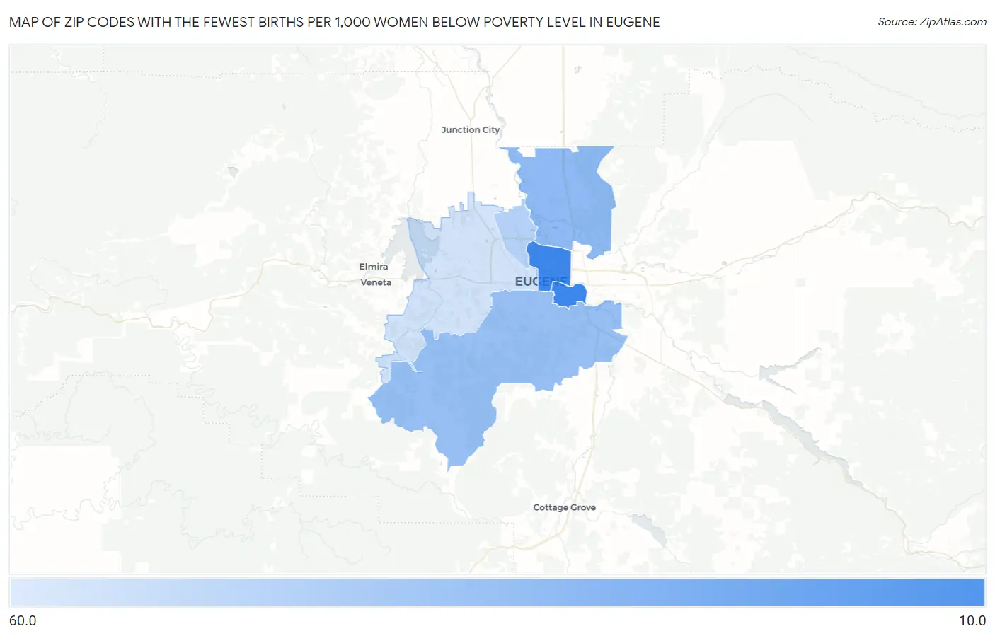 Zip Codes with the Fewest Births per 1,000 Women Below Poverty Level in Eugene Map