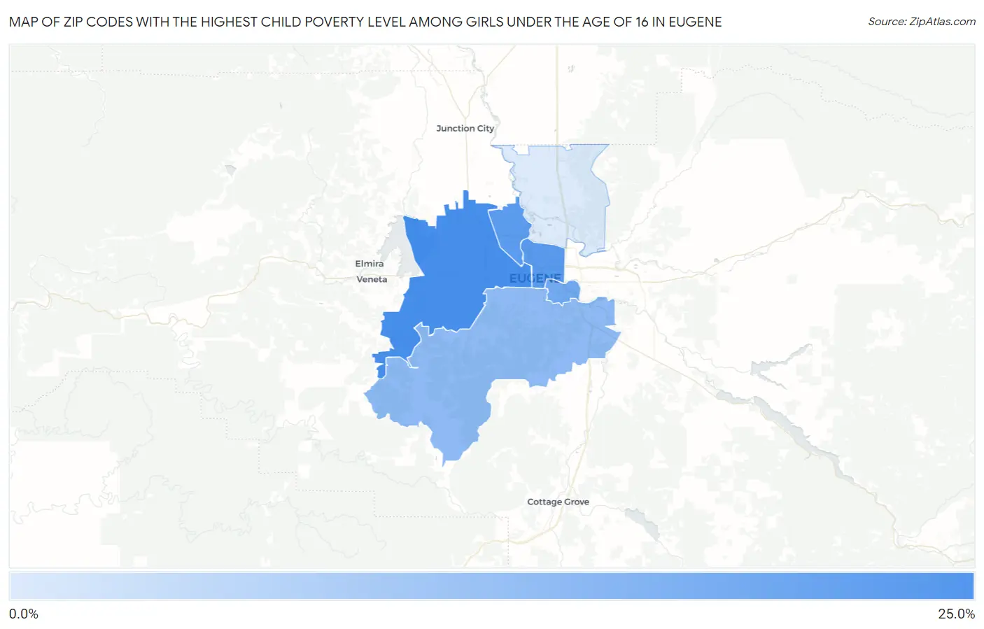 Zip Codes with the Highest Child Poverty Level Among Girls Under the Age of 16 in Eugene Map
