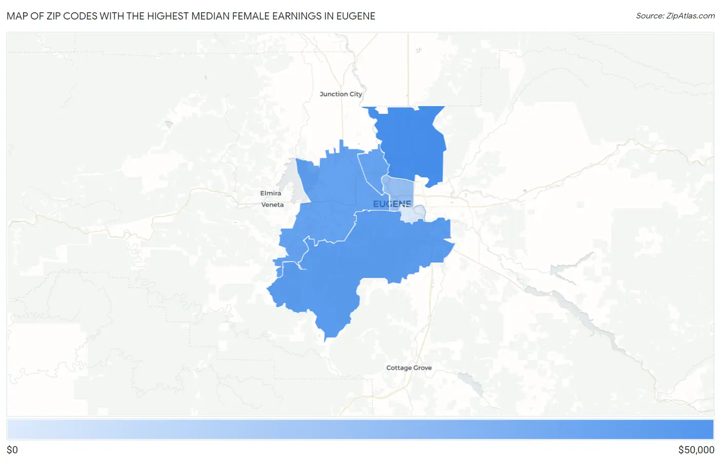 Zip Codes with the Highest Median Female Earnings in Eugene Map
