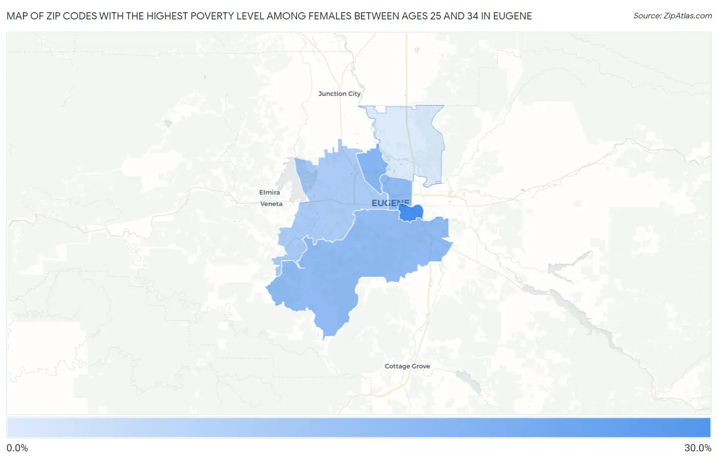 Zip Codes with the Highest Poverty Level Among Females Between Ages 25 and 34 in Eugene Map