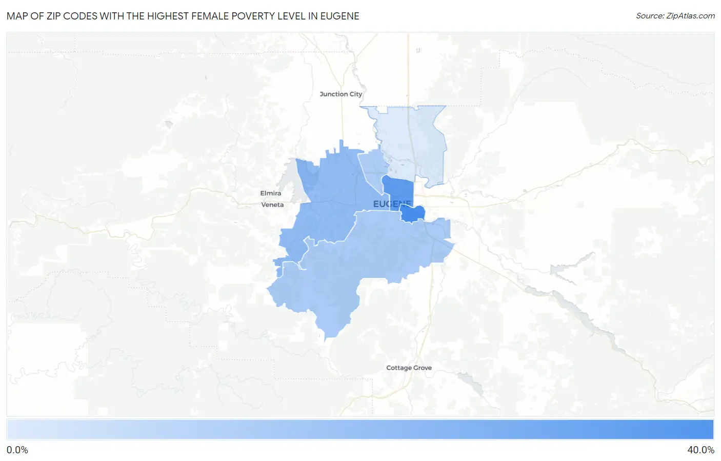 Zip Codes with the Highest Female Poverty Level in Eugene Map
