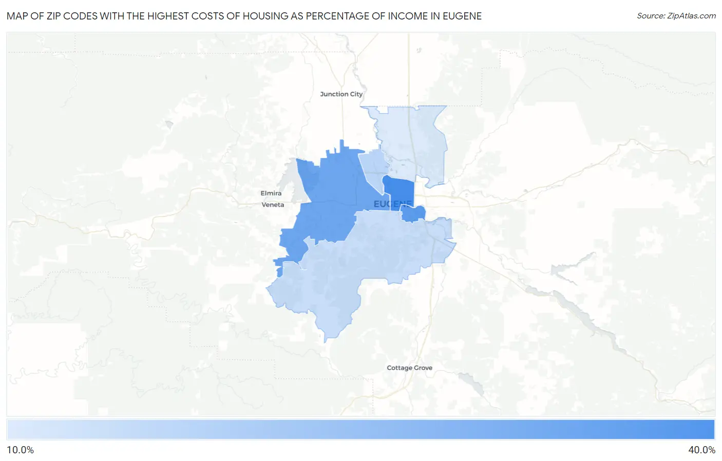Zip Codes with the Highest Costs of Housing as Percentage of Income in Eugene Map