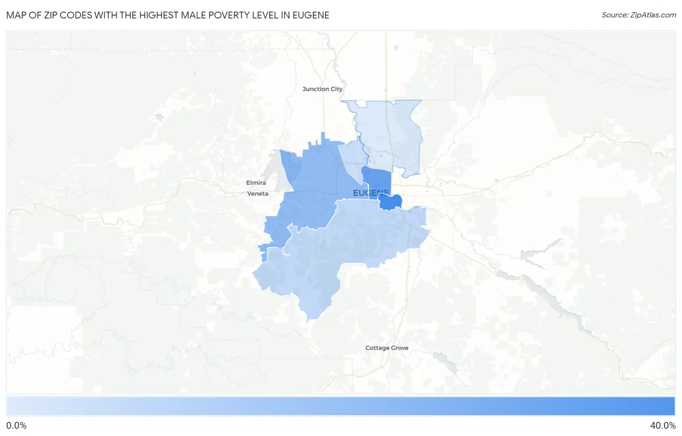 Zip Codes with the Highest Male Poverty Level in Eugene Map