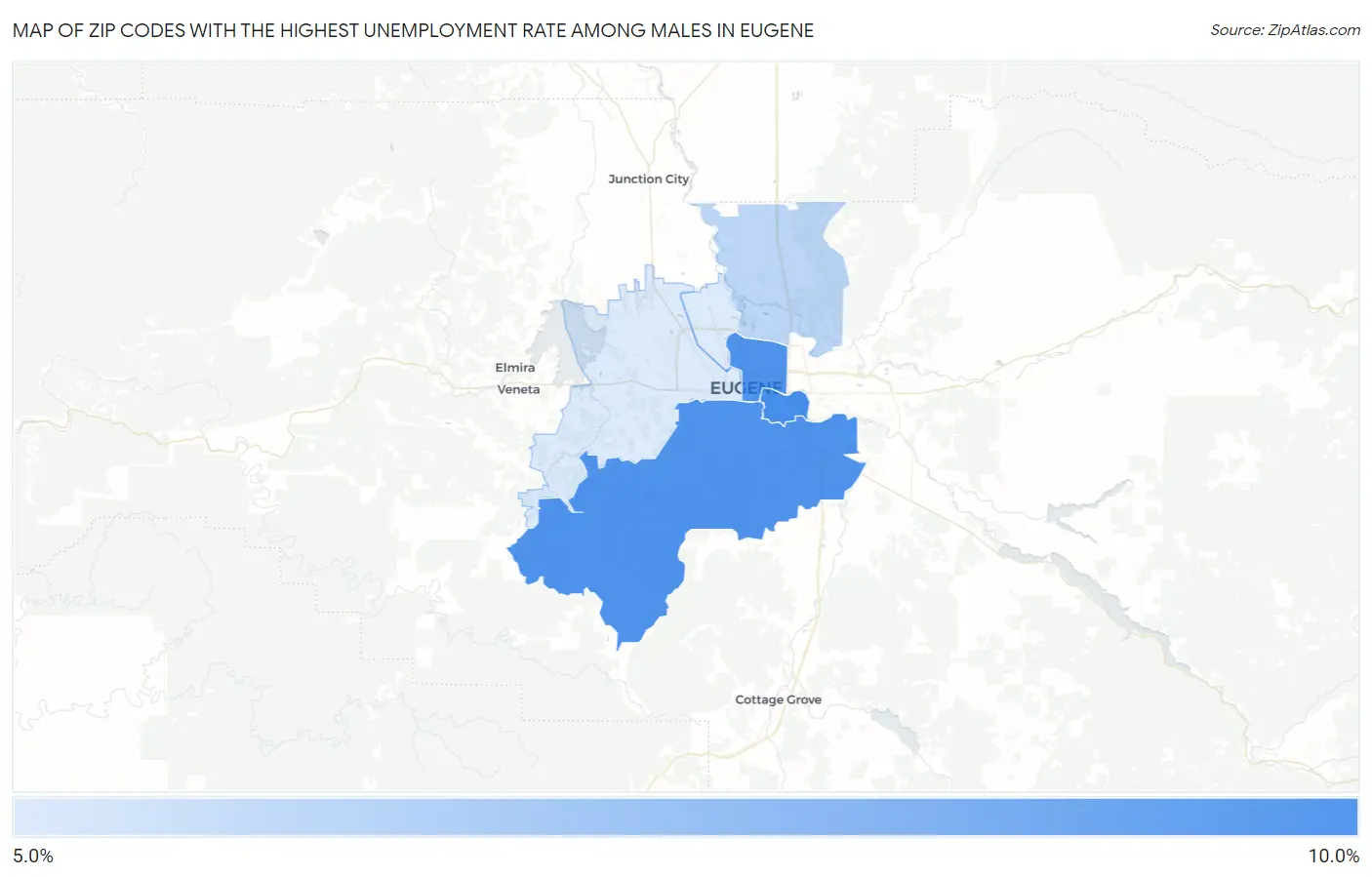 Zip Codes with the Highest Unemployment Rate Among Males in Eugene Map