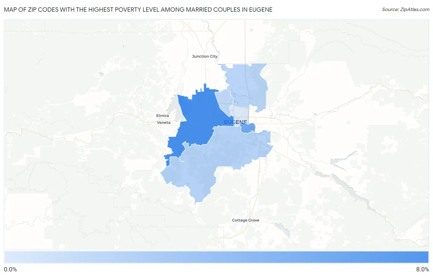 Zip Codes with the Highest Poverty Level Among Married Couples in Eugene Map