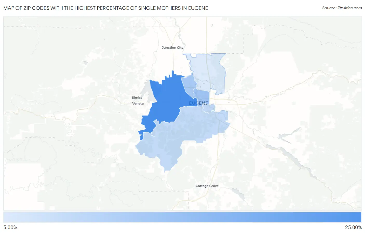 Zip Codes with the Highest Percentage of Single Mothers in Eugene Map