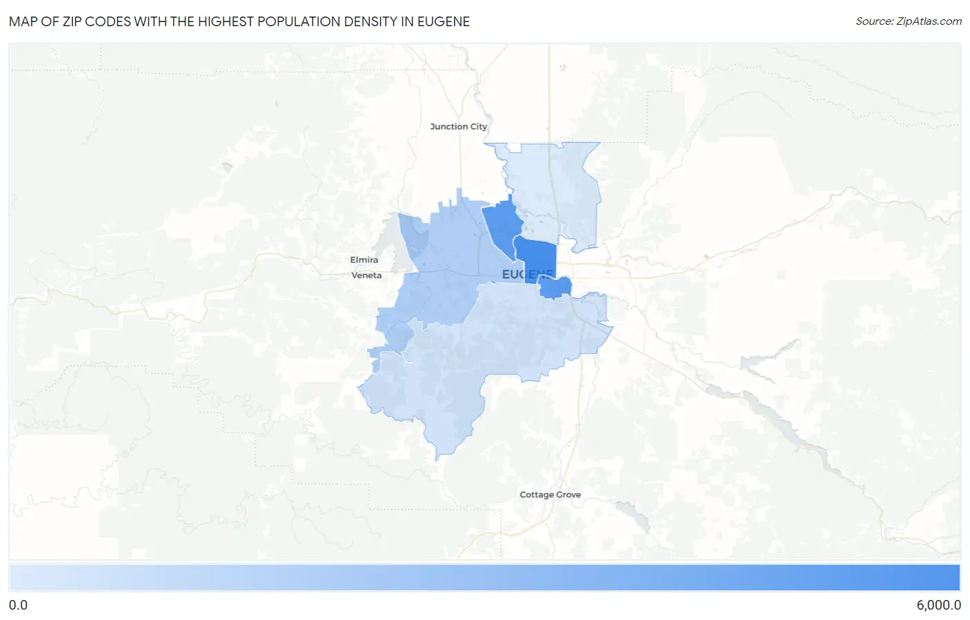 Zip Codes with the Highest Population Density in Eugene Map