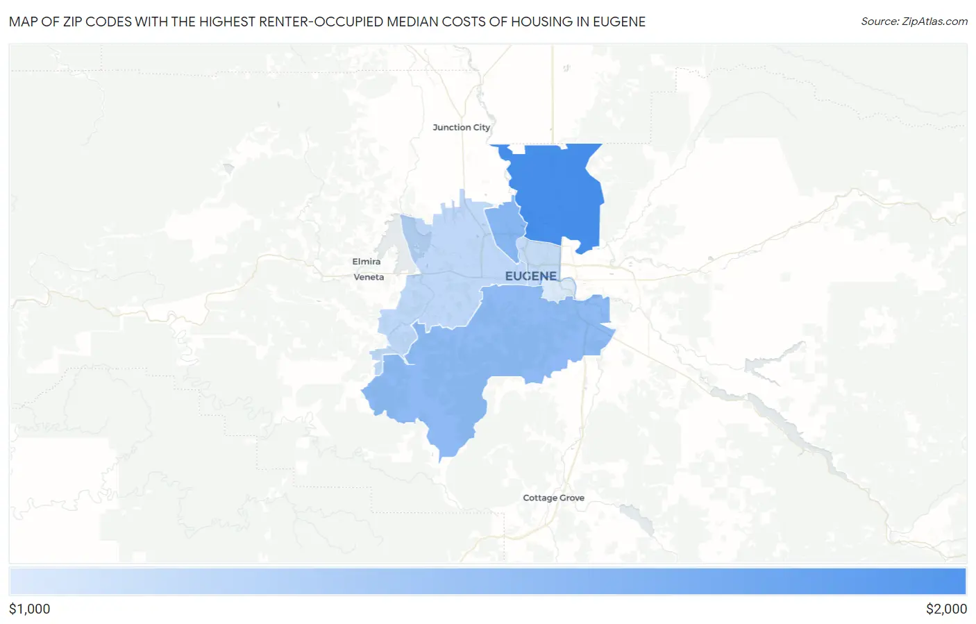 Zip Codes with the Highest Renter-Occupied Median Costs of Housing in Eugene Map