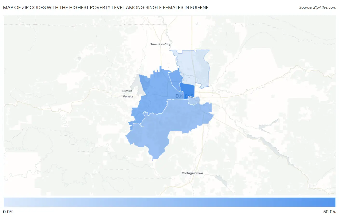 Zip Codes with the Highest Poverty Level Among Single Females in Eugene Map