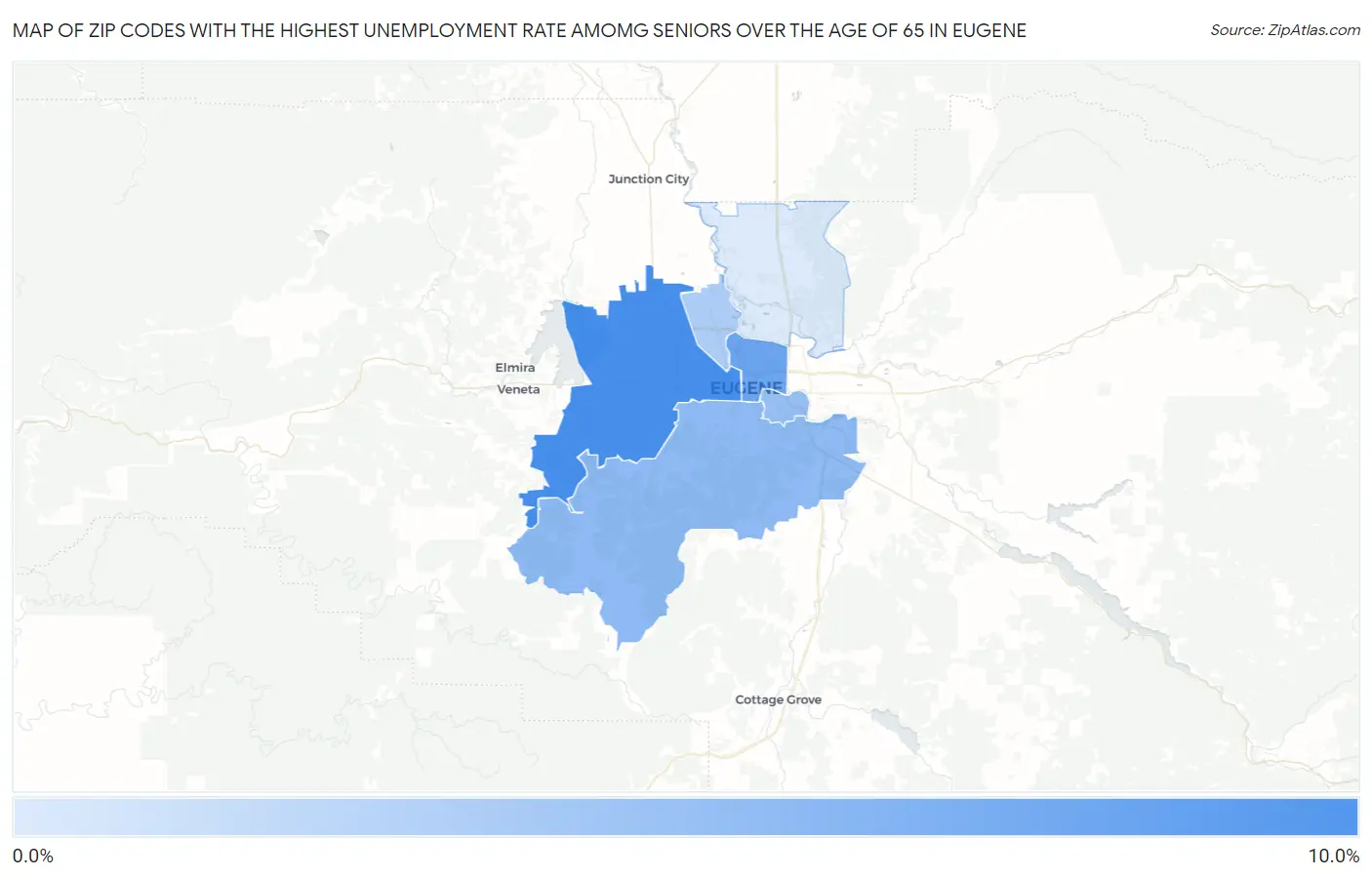 Zip Codes with the Highest Unemployment Rate Amomg Seniors Over the Age of 65 in Eugene Map