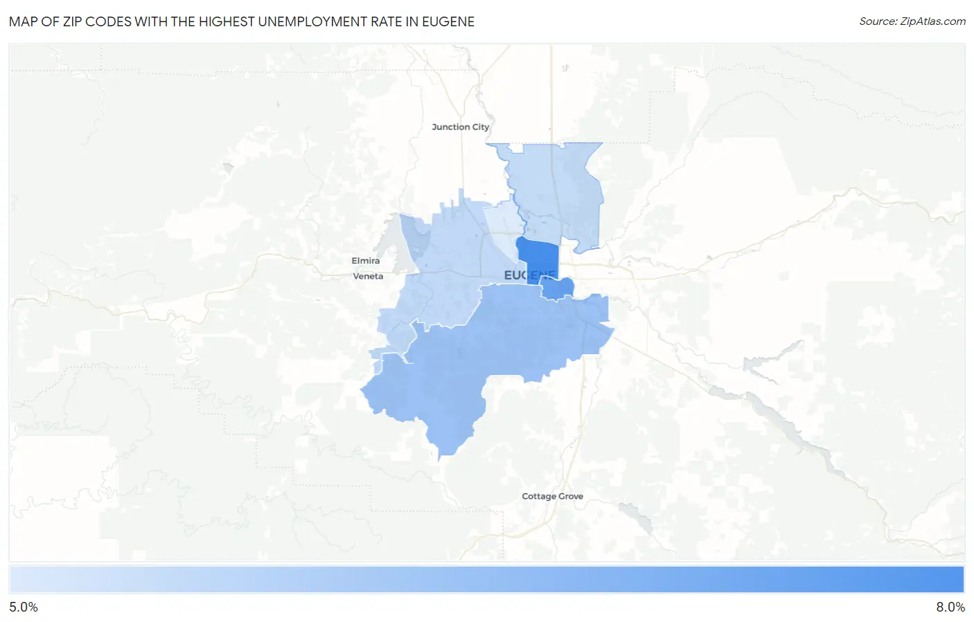 Zip Codes with the Highest Unemployment Rate in Eugene Map