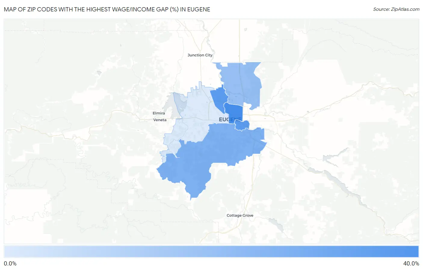 Zip Codes with the Highest Wage/Income Gap (%) in Eugene Map