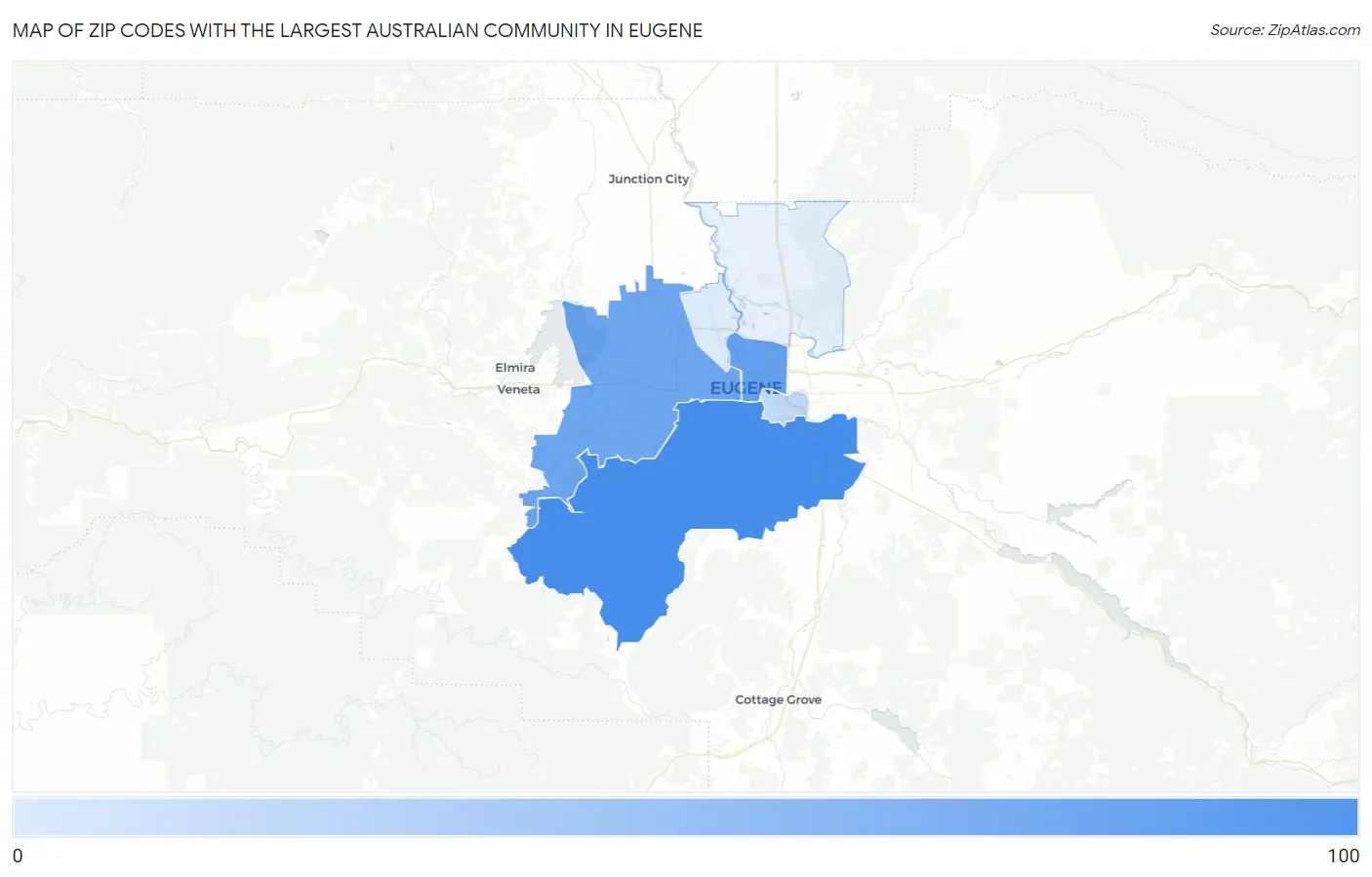 Zip Codes with the Largest Australian Community in Eugene Map
