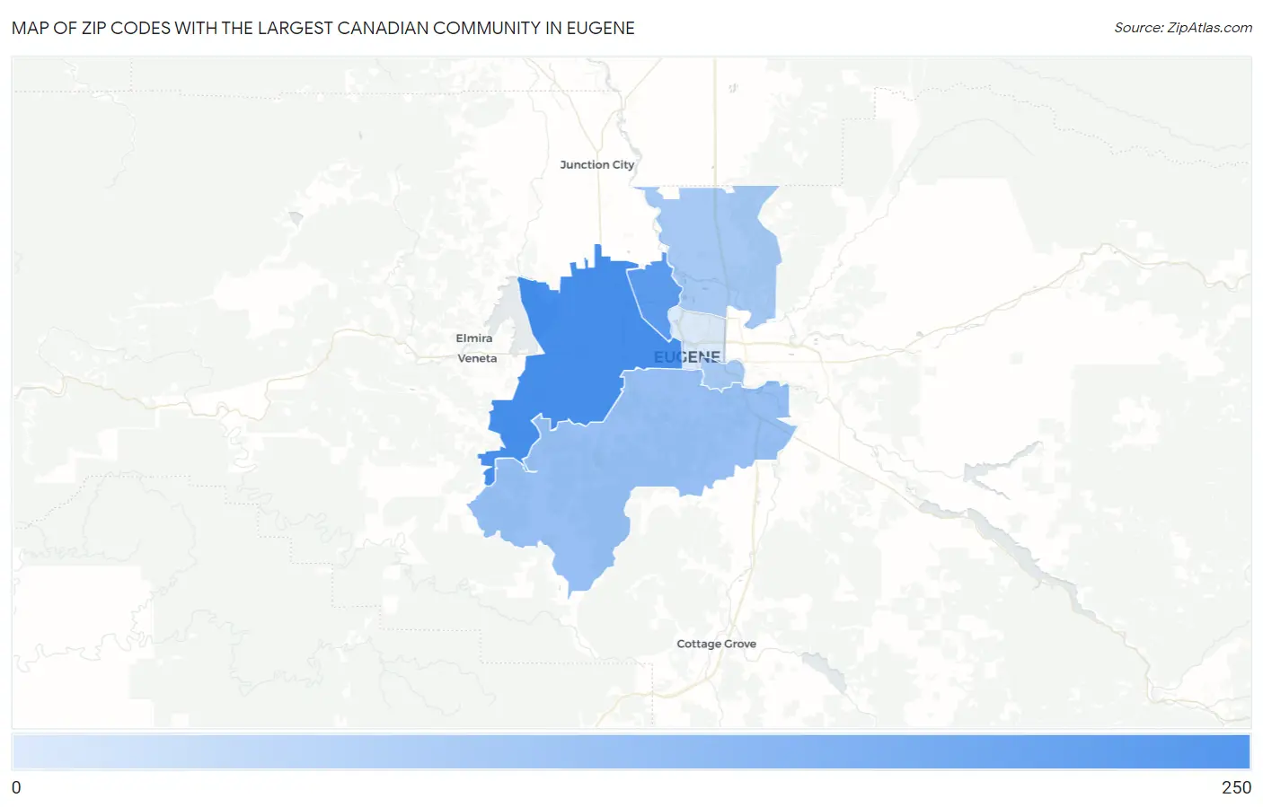 Zip Codes with the Largest Canadian Community in Eugene Map