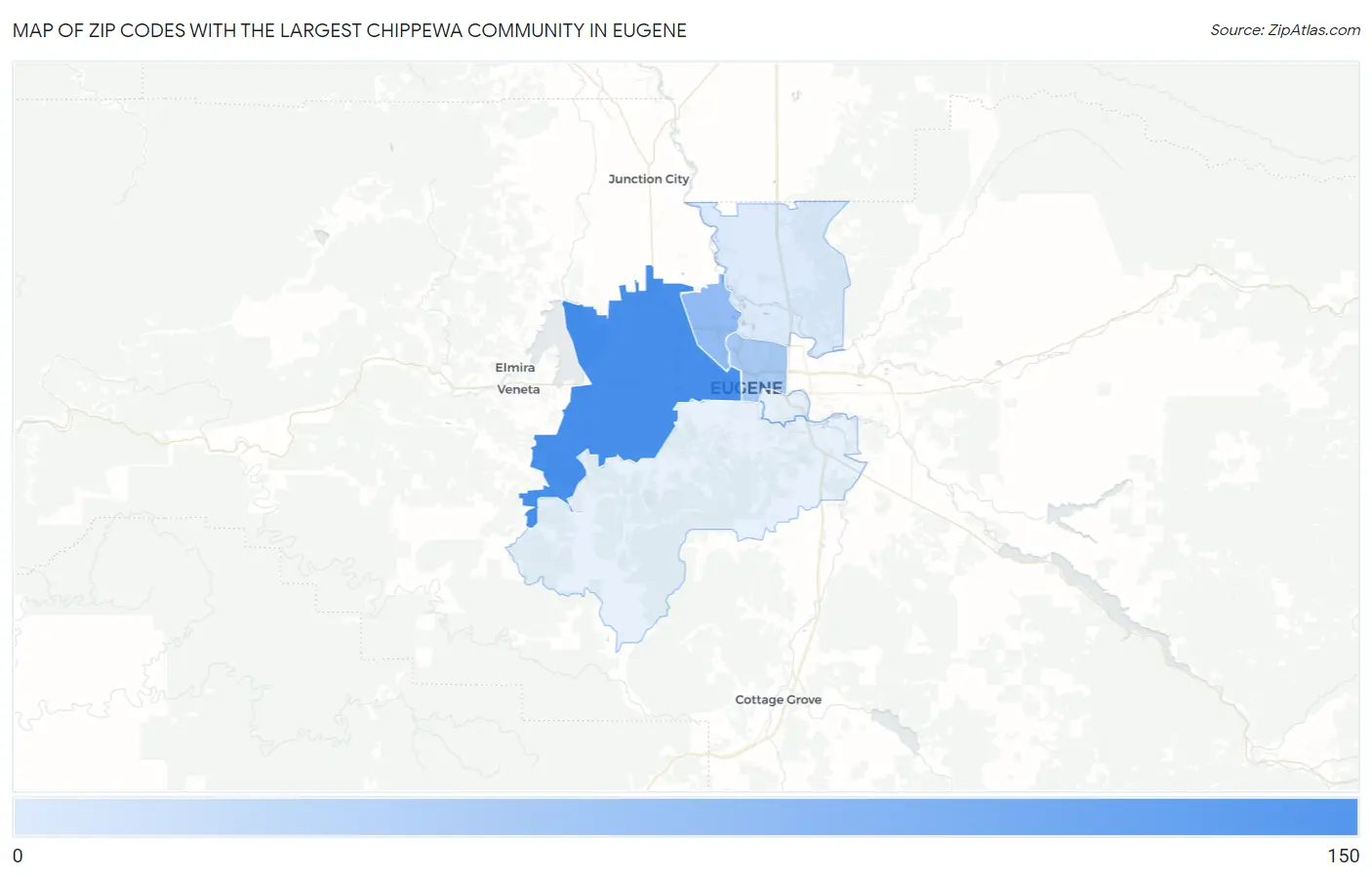 Zip Codes with the Largest Chippewa Community in Eugene Map