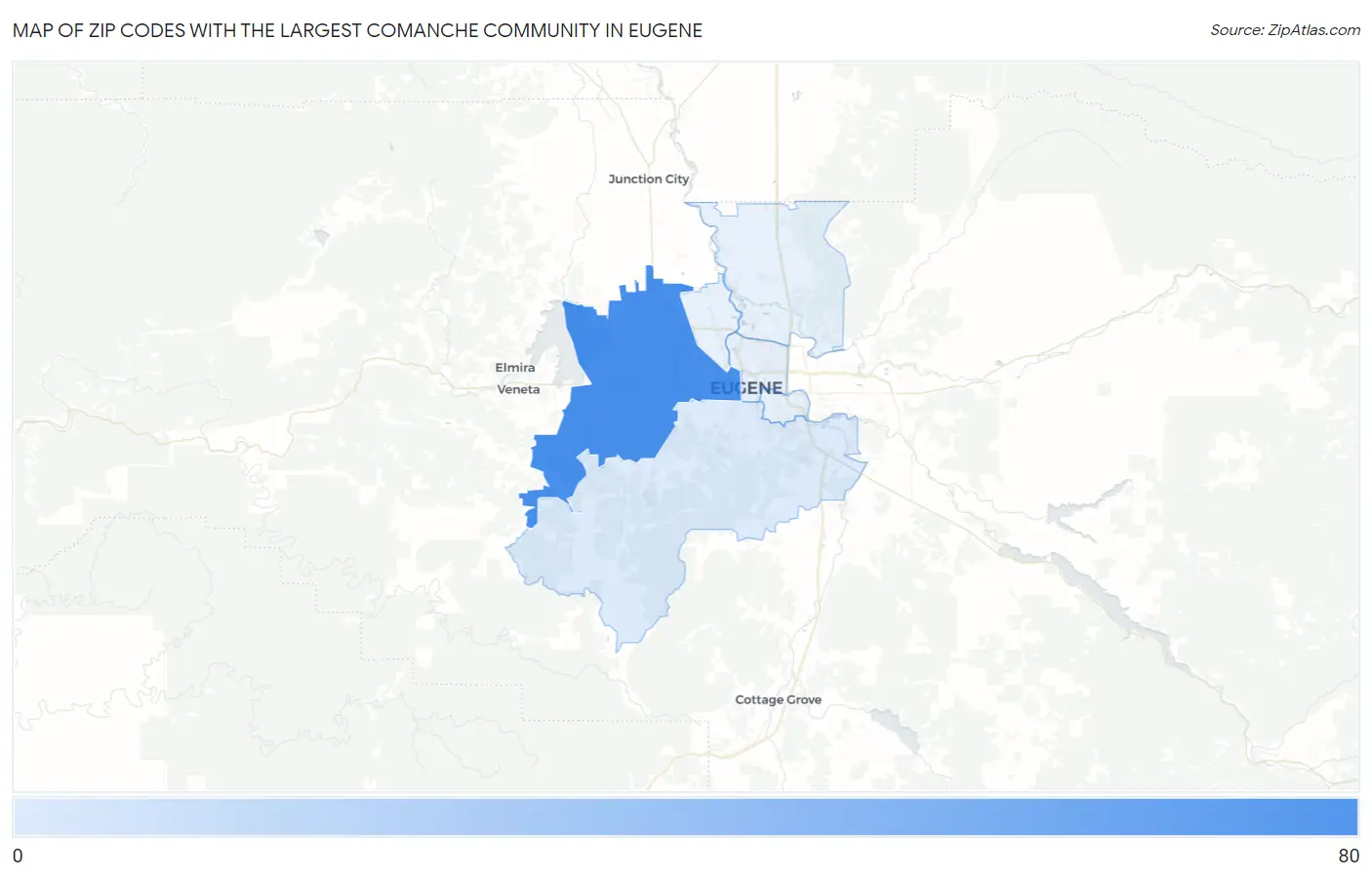 Zip Codes with the Largest Comanche Community in Eugene Map