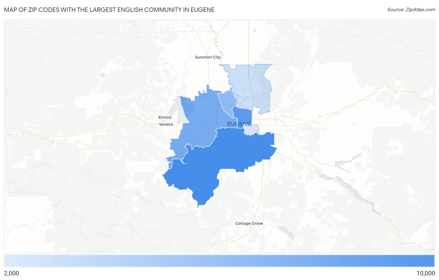 Zip Codes with the Largest English Community in Eugene Map