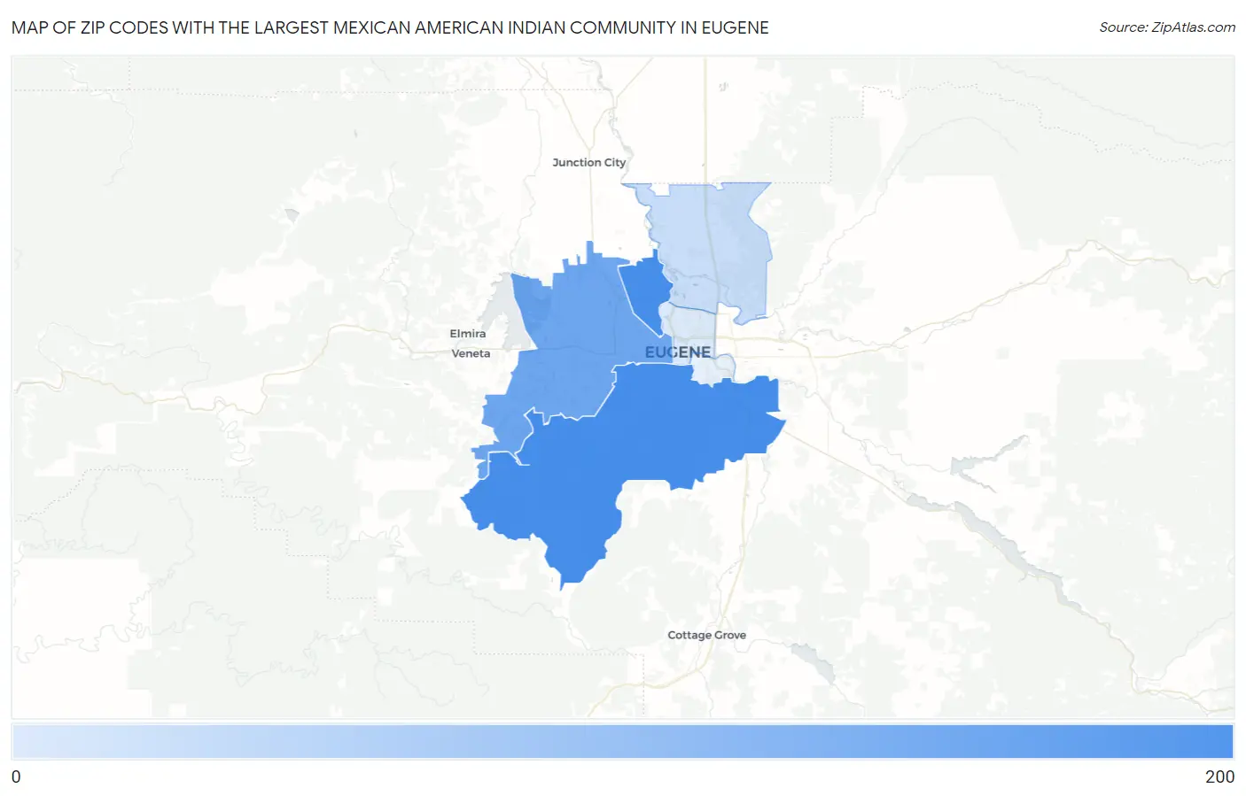 Zip Codes with the Largest Mexican American Indian Community in Eugene Map