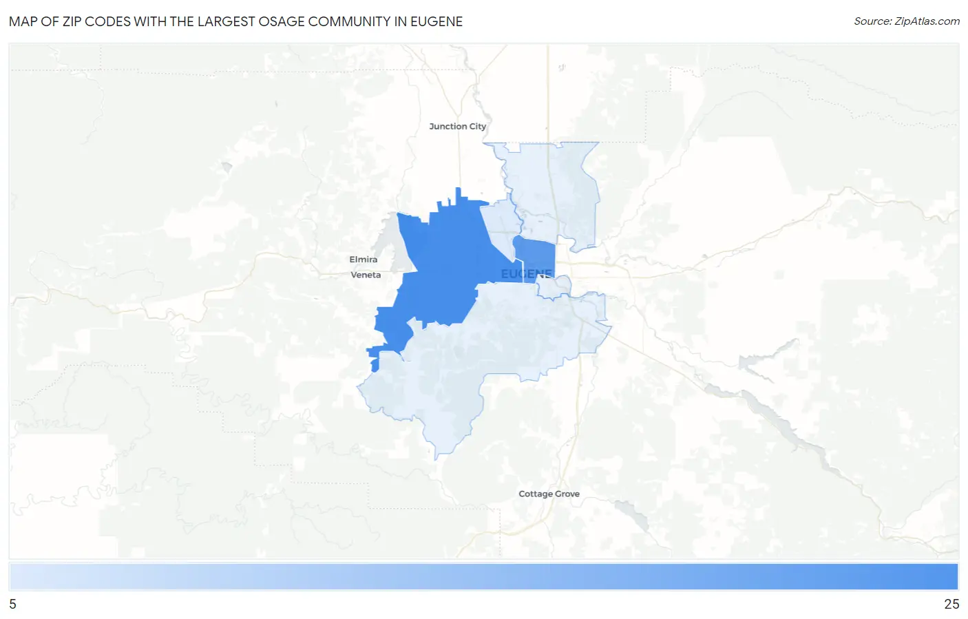 Zip Codes with the Largest Osage Community in Eugene Map