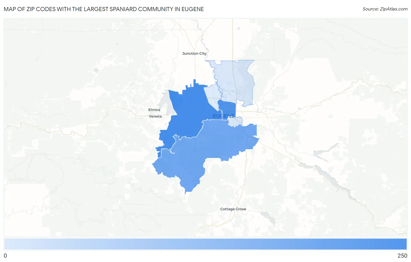 Zip Codes with the Largest Spaniard Community in Eugene Map