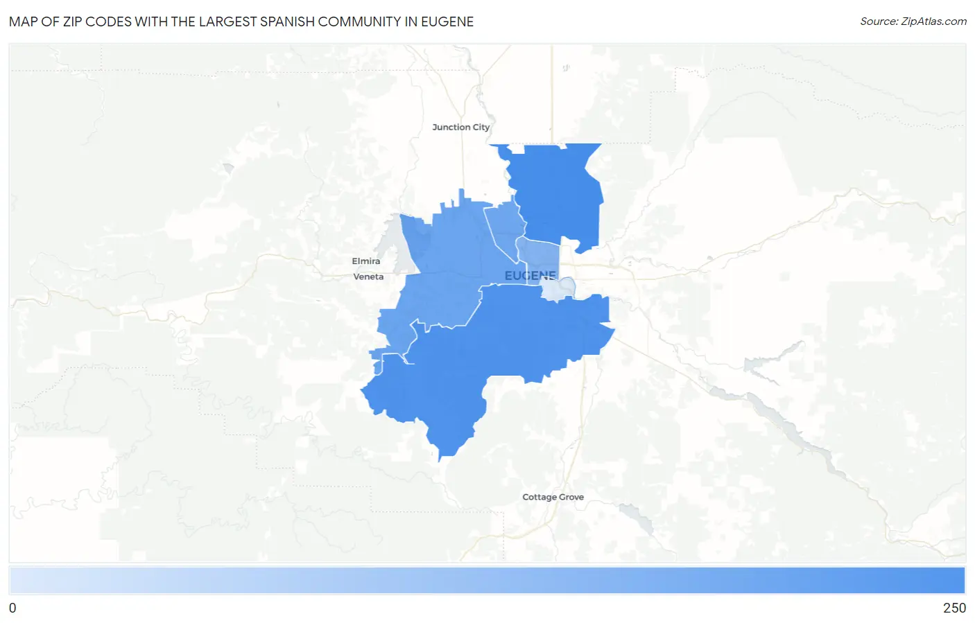 Zip Codes with the Largest Spanish Community in Eugene Map