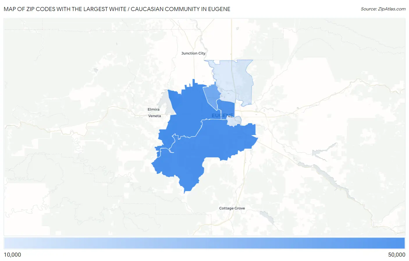 Zip Codes with the Largest White / Caucasian Community in Eugene Map