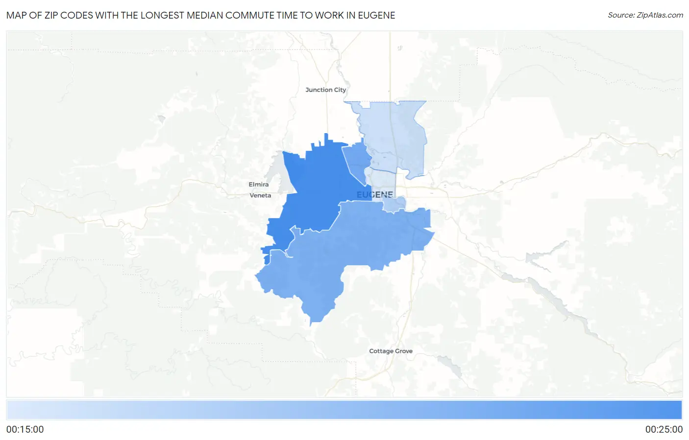 Zip Codes with the Longest Median Commute Time to Work in Eugene Map