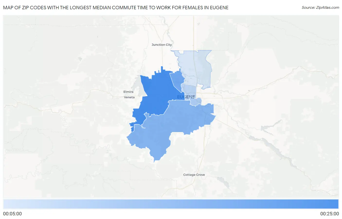 Zip Codes with the Longest Median Commute Time to Work for Females in Eugene Map